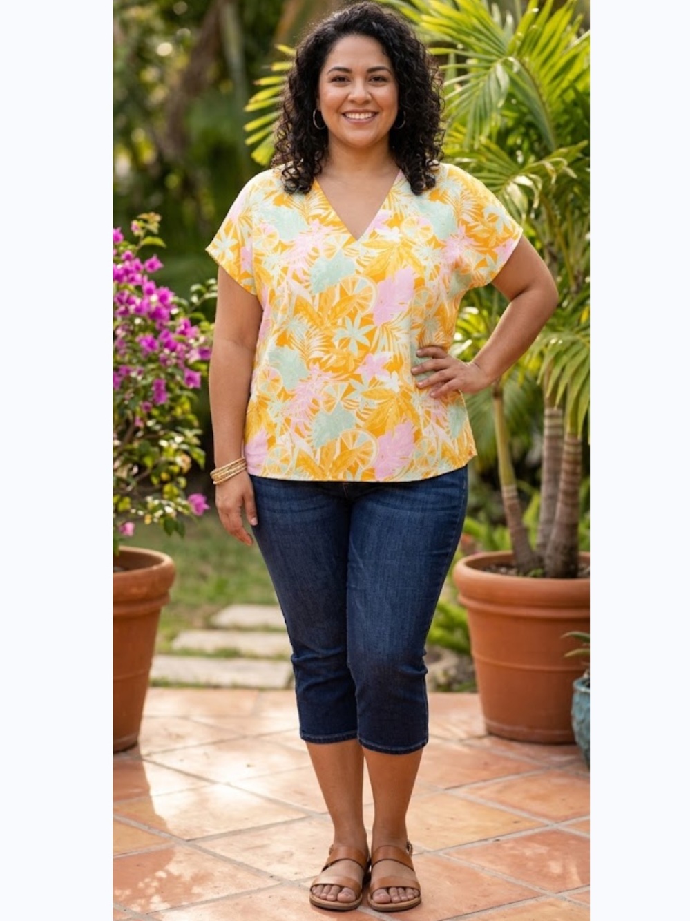 Tropical Print V-Neck Blouse in Mustard, Mint & Pink